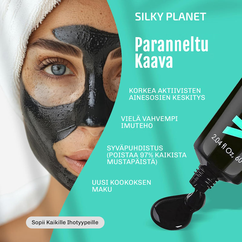 Black Mask peel off -naamio kuivuneena iholla ennen poistamista – syväpuhdistava vaikutus