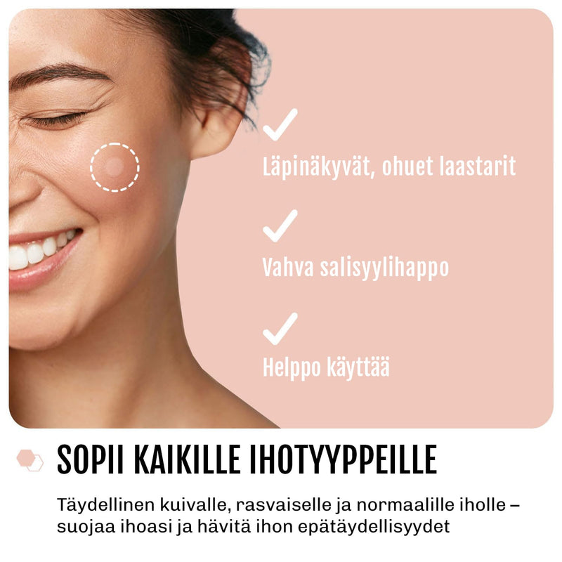 Finnilaastari iholla ennen ja jälkeen – näkyvä ero puhtaan ja kirkkaamman ihon välillä