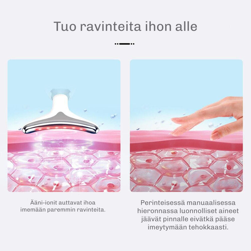 Lumiface EMS facelift laite ennen ja jälkeen – näkyvästi kiinteämpi ja tasaisempi iho säännöllisen käytön jälkeen