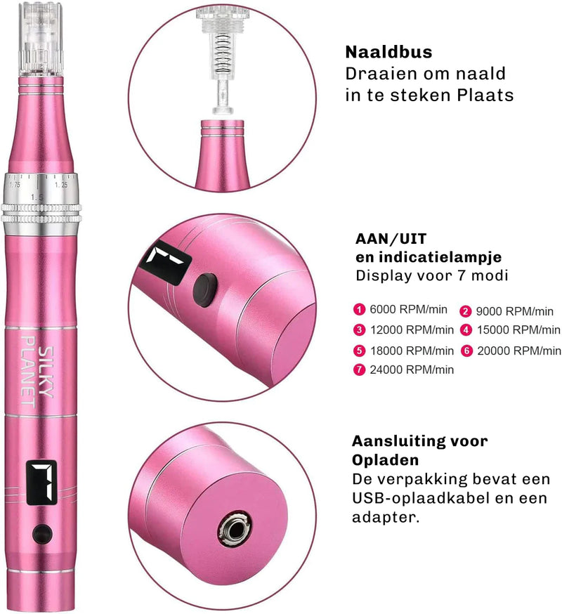Microneedling pen met steriele en vervangbare naaldcartridges voor hygiënisch gebruik