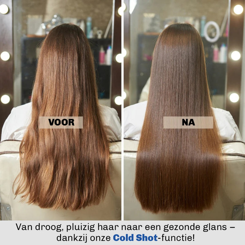 Voor en na gebruik van Air Straightener Platinum – zichtbaar gladder en beter handelbaar haar