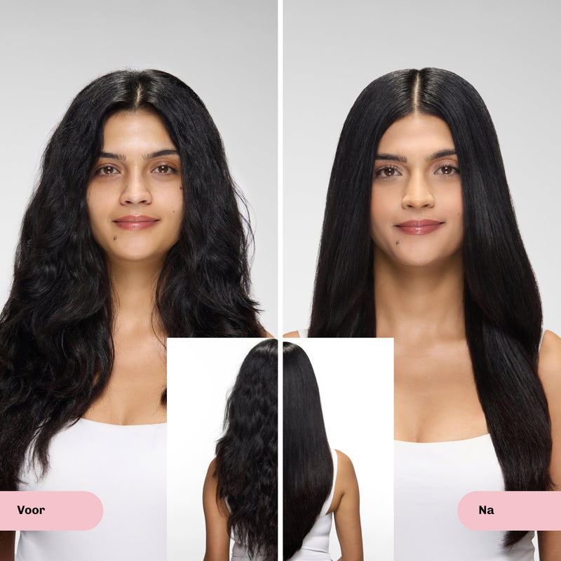 Voor en na gebruik van SilkyPlanet SilkFlow Ionic – zichtbaar gladder en glanzender haar
