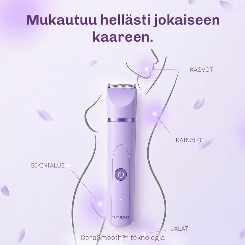 Bikinialueen trimmeri sileään lopputulokseen ja miellyttävään ihonhoitoon.