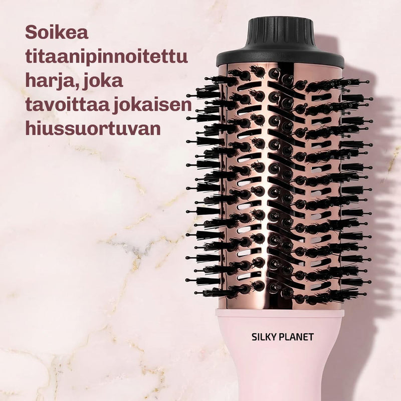 Blowout-harja tuuheisiin kampauksiin, sileisiin hiuksiin ja kampaamotasoiseen lopputulokseen.