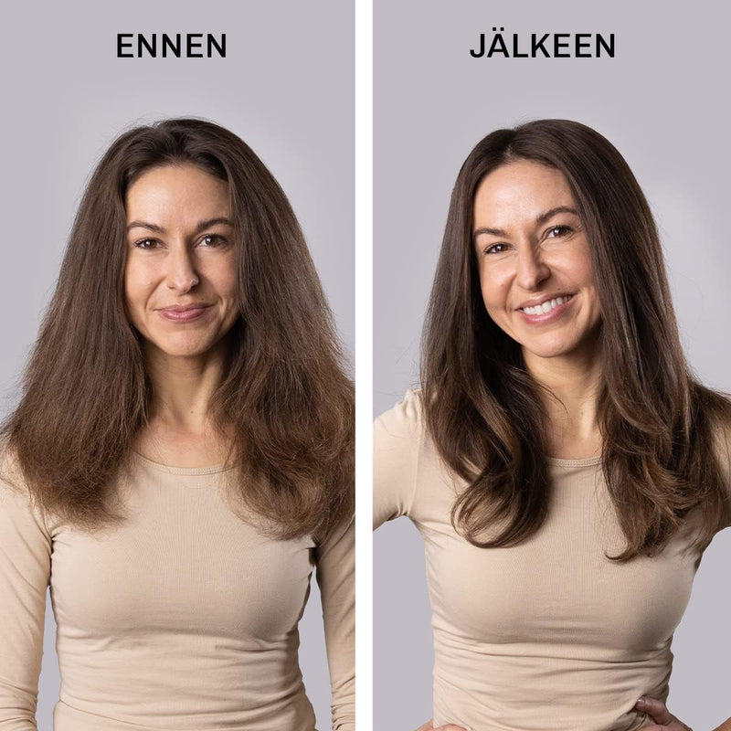 Ennen–jälkeen: selvästi enemmän tuuheutta, sileämpi ja kiiltävämpi hius