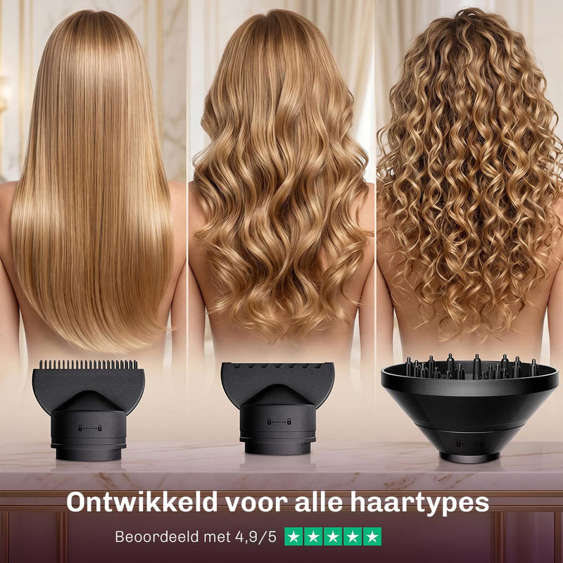 Haardroger met ionentechnologie die pluis vermindert en het haar beschermt tegen hitte.