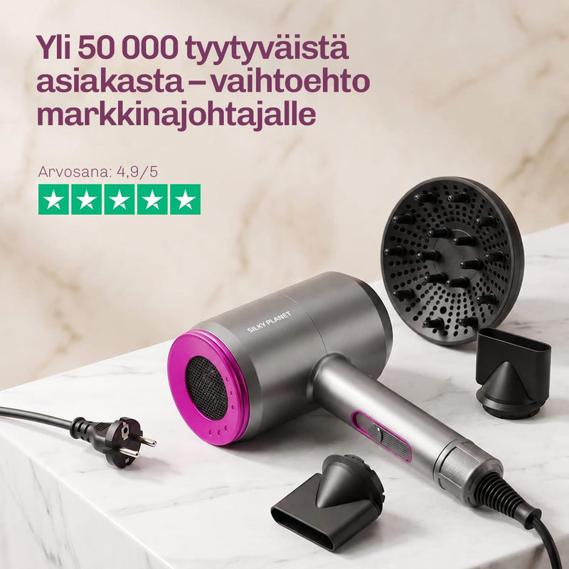 SilkyPlanet AirFusion ammattimainen hiustenkuivain nopeaan kuivaukseen, vähemmän pörröisyyttä ja upeaa kiiltoa.