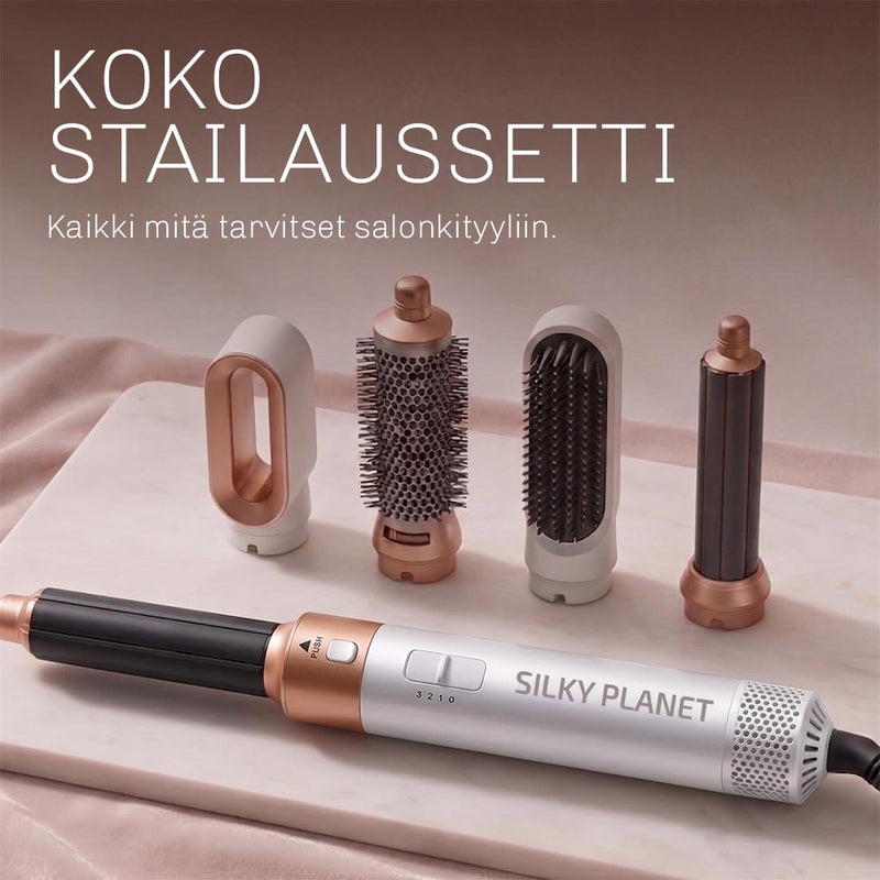 CloudAir 5-in-1 hiustenmuotoilija viidellä vaihdettavalla lisäosalla monipuoliseen hiusten muotoiluun.