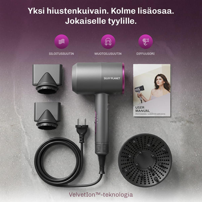 AirFusion-ionihiustenkuivain ioniteknologialla tekee hiuksista sileämmät, kiiltävämmät ja tuuheammat.