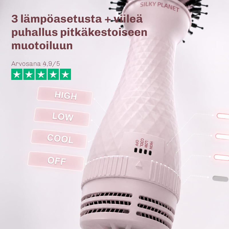 Ioninen kuumailmaharja vähentää pörröisyyttä ja antaa hiuksille luonnollista kiiltoa.