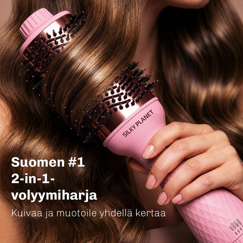 2-in-1 kuumailmaharja yhdistää hiustenkuivaajan ja pyöröharjan ammattimaiseen muotoiluun.