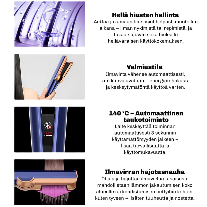 Harjaspää silottaa ja järjestää hiukset luonnollisesti