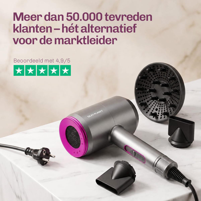 Professionele AirFusion haardroger van SilkyPlanet voor snel drogen, minder pluis en een prachtige glans.