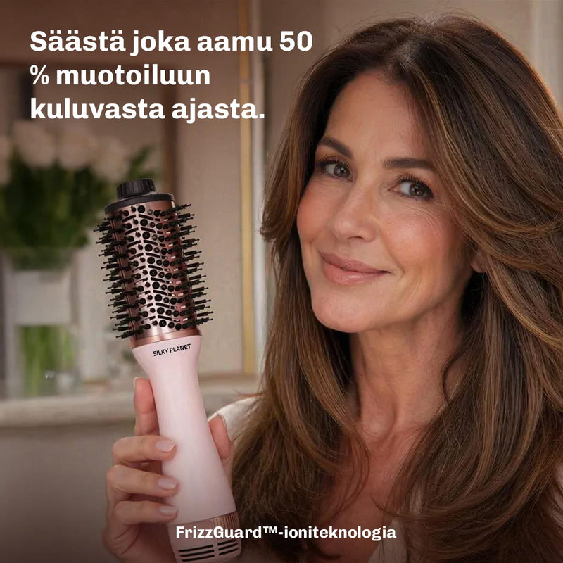 Pyöröharja ja hiustenkuivain yhdessä laitteessa hiusten kuivaamiseen ja muotoiluun.